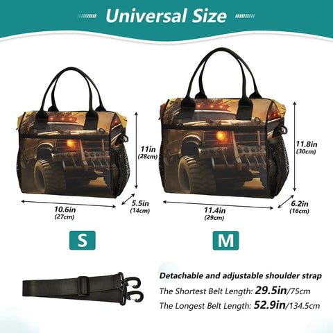 Desert Monster Insulated Lunch Bag Cooler With Detachable Shoulder Strap in S and M sizes showing dimensions and strap