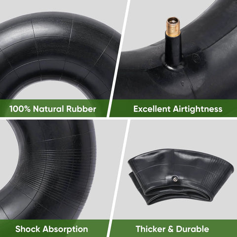 2 Pack 4.80 4.00 8 Inner Tubes With TR 13 Straight Valve For Wheelbarrows Lawn Mowers Hand Trucks Garden Carts Replacement Tubes For 8 Inch Rims 15.5 Inch OD Ready To Roll Heavy Duty Natural Rubber, close-up of natural rubber material and valve.