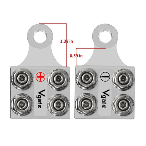 Eight Way Battery Terminal Distribution Block For Lithium Or Agm Batteries Featuring Four Awg Hole Holders Plus Threaded Studs compact design with silver finish and measuring 1.38x0.59 inches.