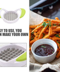 Front view: potato cutter with stainless steel grid, white body and lime green handles for cutting fries.
