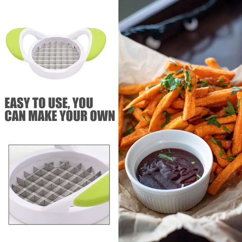 Front view: potato cutter with stainless steel grid, white body and lime green handles for cutting fries.