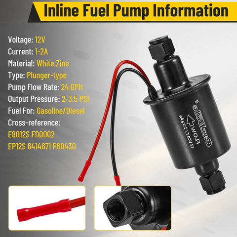 12V Low Pressure Fuel Pump Kit With 6.56 Ft Fuel Line And Dual Filters, Mounting Hardware, Line Connectors, And Wire Connectors, Black Pump