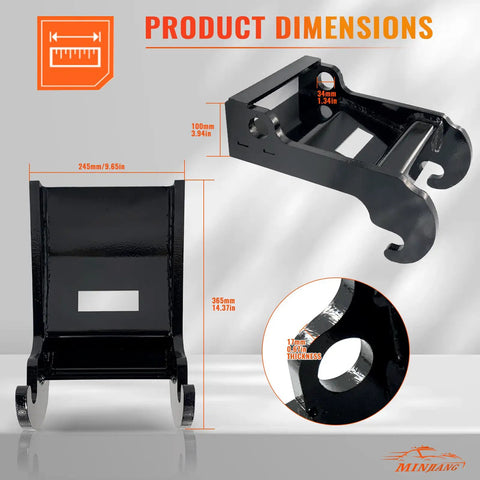 X Change Quick Hitch Coupler For Mini Excavators, Beefy Black Coated Steel Attachment with product dimensions displayed