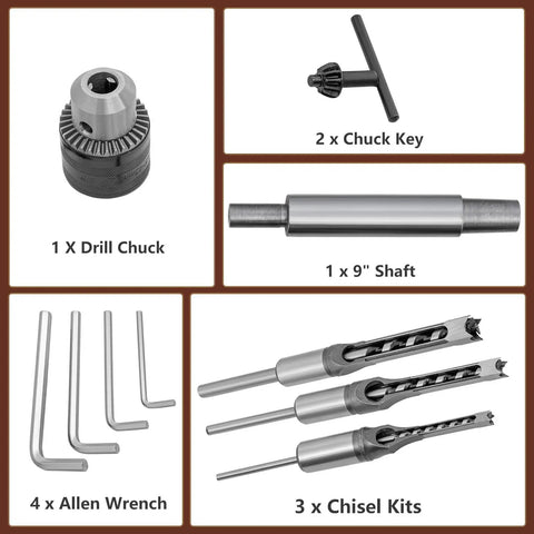 Rock Solid Cast Iron Benchtop Mortiser With Slick 3400 Rpm Motor And Three Quarter Horsepower includes drill chuck, shaft, chisel kits, and Allen wrenches.