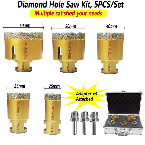 Dry And Wet Diamond Hole Saw Set, 5-Piece Core Drill Bit Kit For Ceramic Tile Marble Brick Granite, For Use With Angle Grinder, 25 35 40 50 60 Mm Holes, Vacuum Brazed, Includes Easy Carry Storage Box, adapters, and case visible