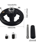 Front view of round black hand wheel, 4in diameter with 12mm bore and M6 mount, revolving knob handle.
