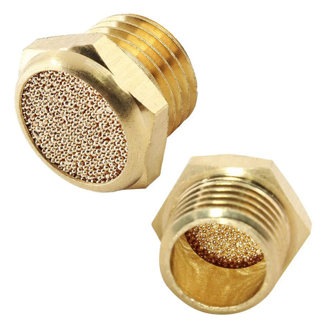 Close-up of Brass Pneumatic Sintered Muffler Silencer Pack of 12, 1/4 NPT Male Thread Air Exhaust Fittings for Compressed Air Lines