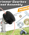 Gearbox Assembly Replacement For Trimmer With Speed Feed 400 Head and tools on grass background, compatible SRM models.