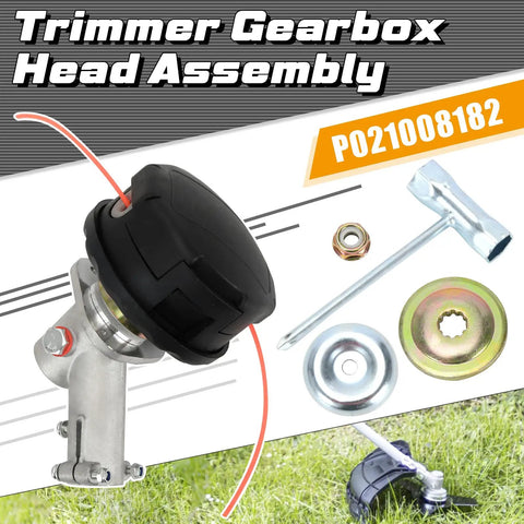 Gearbox Assembly Replacement For Trimmer With Speed Feed 400 Head and tools on grass background, compatible SRM models.