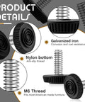 Detailed view of 4 Pack 1/4-20 Adjustable Furniture Levelers Galvanized Steel Screw-In Leveling Feet showing nylon bottom and galvanized iron.