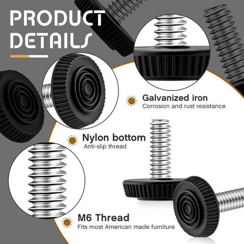 Detailed view of 4 Pack 1/4-20 Adjustable Furniture Levelers Galvanized Steel Screw-In Leveling Feet showing nylon bottom and galvanized iron.