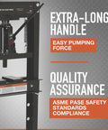 Heavy Duty Twenty Ton Hydraulic Shop Press With Adjustable Platform And Extended Lever For Easy Pumping showing extra-long handle for easy pumping.