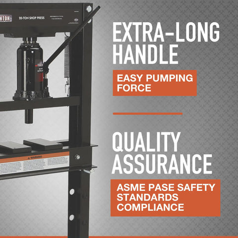 Heavy Duty Twenty Ton Hydraulic Shop Press With Adjustable Platform And Extended Lever For Easy Pumping showing extra-long handle for easy pumping.