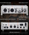 Front and back view of 10 In 2 Out USB Audio Interface With MIDI And DAW Software for songwriting, podcasting, home studio recording.