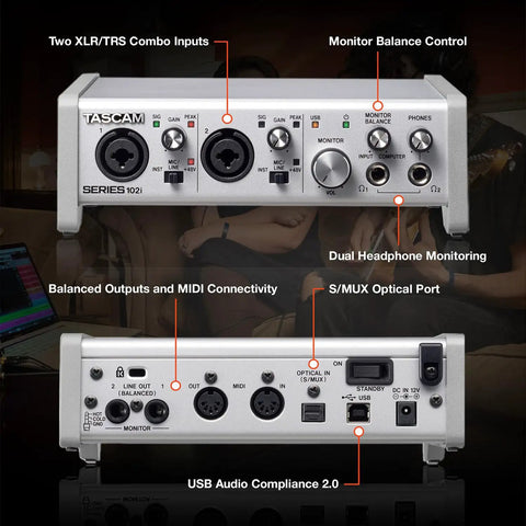 Front and back view of 10 In 2 Out USB Audio Interface With MIDI And DAW Software for songwriting, podcasting, home studio recording.