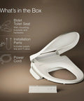 Heated Bidet Toilet Seat With Wireless Remote and power cord, installation parts and details visible in the image.