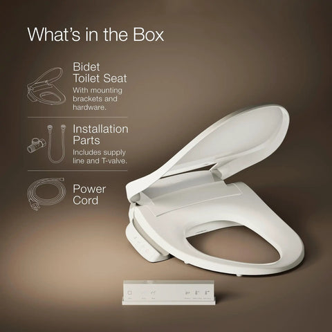 Heated Bidet Toilet Seat With Wireless Remote and power cord, installation parts and details visible in the image.