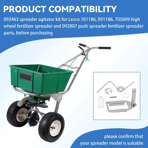 Spreader Agitator Kit For Lesco 101186 091186 705699 High Wheel Fertilizer Spreader And 092807 Push Spreader Replacement Parts Roll Pin Included No Fuss Direct Fit Upgrade Kit With Durable Construction And Easy Install displayed next to compatibility chart.