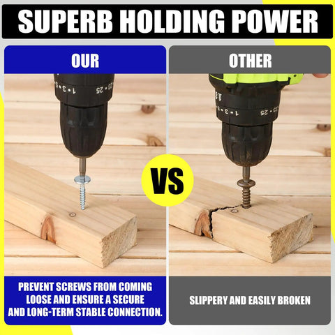 Comparison image showing Pro Grade 1 1/4 Inch Cabinet Screws With T20 Square Drive securing wood versus inferior screws.