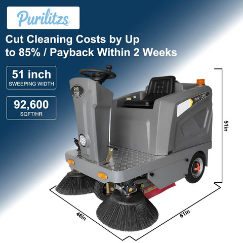51 Inch Heavy Duty Ride On Industrial Floor Sweeper Machine For Warehouses With Solid Tires Hydraulic Brakes And Efficient Cleaning System To Keep Big Spaces Spotless And Tidy Without The Hassle Of Manual Mopping Or Brooming Daily