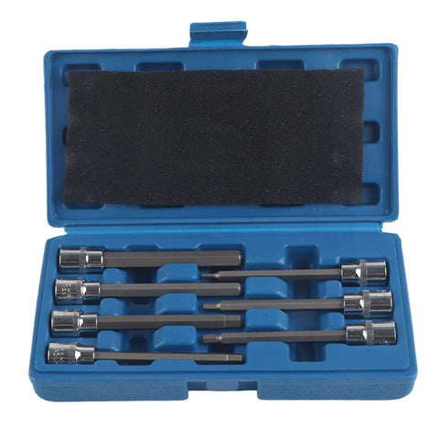 Extra Long Hex Bit Socket Set Seven Piece 3mm To 10mm Drive Repair Tool Kit In Chrome Vanadium Steel with storage box open view