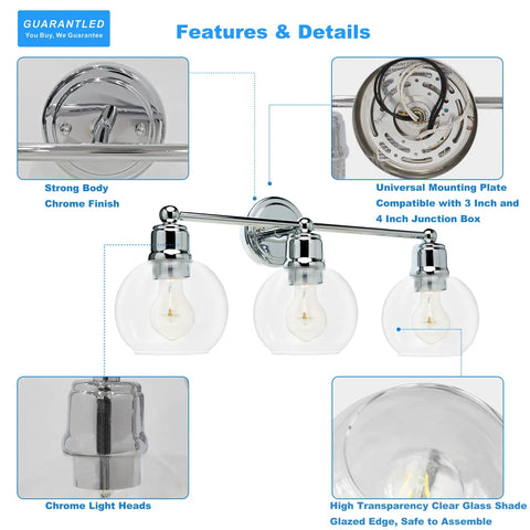 Three Light Chrome Vanity Light Fixture For Bathroom Powder Room Wall Sconce With Globe Glass Shades Modern Farmhouse Style Fits Single Or Double Vanities E26 Base Bulbs Not Included