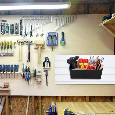 Large Slatwall Bins Set of 4 for Garage and Workshop Storage installed on a slatwall holding tools and supplies in a workshop.