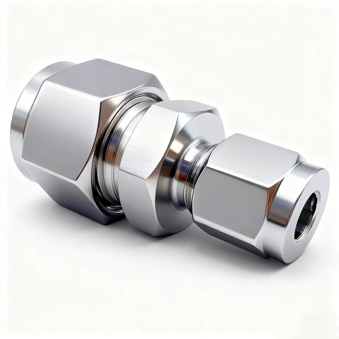 Side view Lophtnix 304 stainless steel compression tube fitting reducing union with double ferrule, 1/4–3/8 in OD, 2pcs