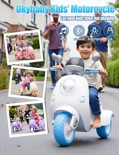 Child riding white and blue three-wheel electric bike, 2 Seat Kids Motorcycle Ride On Toy With 12V Dual Motors 3 Wheel Electric Bike For Kids Ages 3 And Up With USB Bluetooth Lights Storage Box Blue Great For Fun, outdoor scene with adults in background.