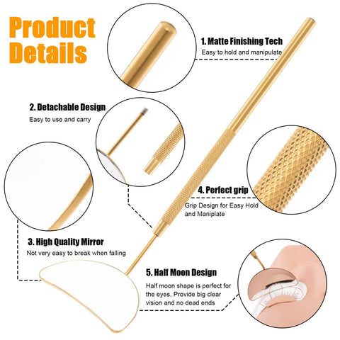 Half Moon Lash Mirror For Eyelash Extensions Large Viewing Window High Definition Clarity Easy To Use Tool For Precise Lashes Fits All Eye Shapes Remove Protective Film Before Use, gold stainless steel handle, half-moon mirror