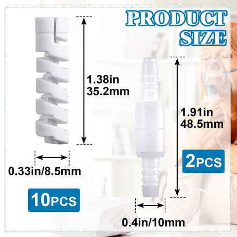 Front view of white plastic oxygen tube swivel connector; 2-piece nasal cannula tubing support set.