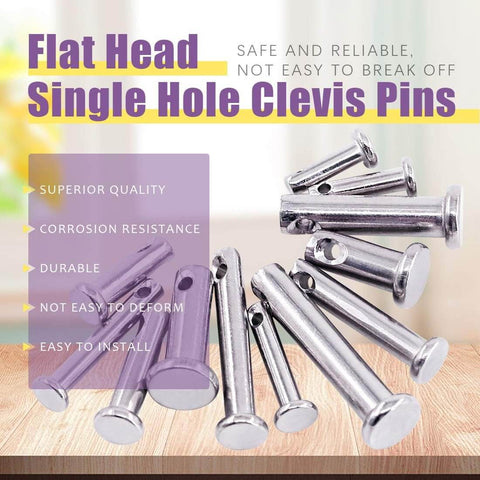 Close-up of flat head single hole clevis pins in 44 Piece Clevis Pin Assortment Kit In 304 Stainless Steel M3 M4 M5 Flat Head Pins With Holes T Shape And Round Pins 12 Types Comes With Plastic Storage Box Pro Grade Gear Up For Machinery Automotive And DIY Projects.