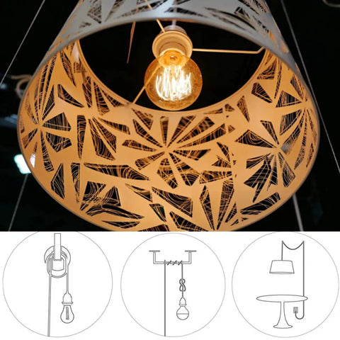 Image of Two Pack 15 Foot Plug In Pendant Light With In Line On Off Switch, decorative shade, glowing bulb, installation guide.