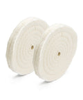 Premium 6 Inch Spiral Sewn Buffing Wheels 2 Pack Thick Cotton Polishing Discs for metal finishing, showcasing dense cotton layers.