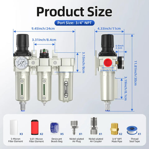 Industrial Grade 3/4 Inch NPT Air Compressor Water Separator With 3 Stage Drying System Plug And Play Ready To Roll Regulator 0 To 240 PSI Particulate Filter Coalescing Filter Desiccant Dryer Metal Bowl Auto Drain with dimensions and components shown
