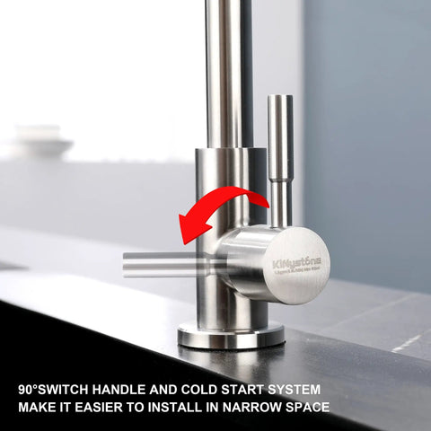 Close-up of handle on cold water only kitchen faucet with heavy duty solid stainless steel construction built to last deck mount bar faucet for outdoor sink with supply line and brushed nickel finish.