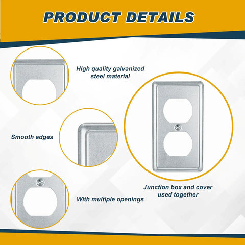 4 Pack Metal Electrical Box Covers 4x2 Inch Rectangular Receptacle Covers For Exposed Outlets Heavy Duty Galvanized Steel Duplex Junction Caps Durable Wall Box Covers, shown with smooth edges and multiple openings.