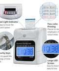 Solid Automatic Employee Time Clock Punch Machine Built For Busy Bosses Delivers Smooth Self Aligning Punches On Standard Time Cards, featuring red light indicator and large LED screen.