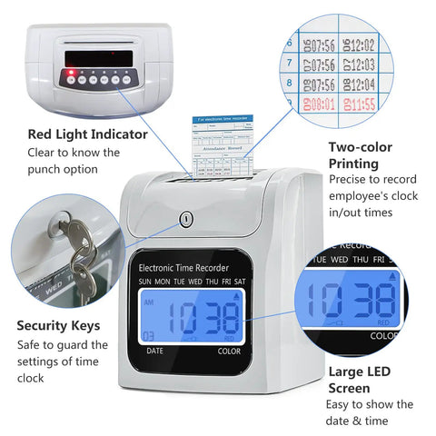 Solid Automatic Employee Time Clock Punch Machine Built For Busy Bosses Delivers Smooth Self Aligning Punches On Standard Time Cards, featuring red light indicator and large LED screen.