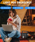 120Wh Portable Power Station With 200W Output, Six Output Ports, AC Outlet, used by woman camping with laptop
