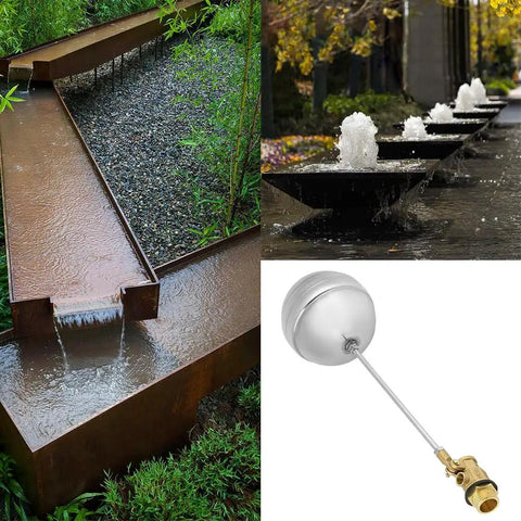 Stainless Steel Float Ball Valve For Water Tank Automatic Water Level Control With Adjustable Float Durable Fittings For Aquarium Pond And Tower Systems No Fuss Install DN15 Half Inch Male Thread; close-up with water features in view.