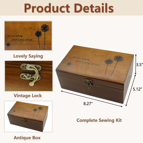 Retro Dandelion All In One Sewing Kit Box Basket Wooden Handcrafted Home Repair Tool Kit For Beginners Universal Sew Kit