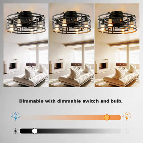 19.68 Inch Caged Ceiling Fan With Lights For Bedroom And Kitchen, farmhouse industrial flush mount with dimmable feature in living room
