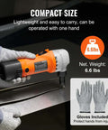 Person using Sheet Metal Nibbler Power Cutter 550W Pro Electric Tool 2200 RPM, cutting metal sheet, showing compact size and gloves.