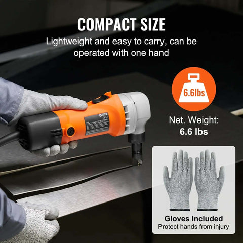 Person using Sheet Metal Nibbler Power Cutter 550W Pro Electric Tool 2200 RPM, cutting metal sheet, showing compact size and gloves.