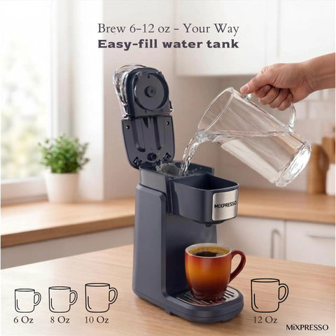 One Touch Single Cup Coffee Brewer With Quick Brew, 12 Oz Grey Coffee Maker being filled with water in a kitchen setting