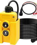 Front view of yellow 4-wire dump trailer remote control switch with UP/DN pushbuttons and bundled cables.