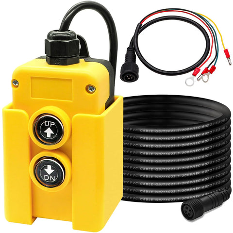 Front view of yellow 4-wire dump trailer remote control switch with UP/DN pushbuttons and bundled cables.