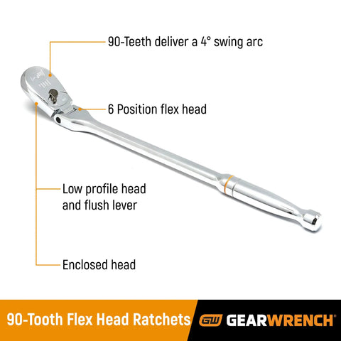 18 Piece 1/4 Inch 90-Tooth Ratchet And Drive Tool Set With EVA Foam Tray showing a single ratchet detail with chrome finish