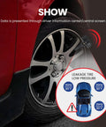 4 Pack Tpms Tire Pressure Monitor Sensors For 2014 2015 Hyundai Tucson 2.0L displayed on tire with low pressure warning.